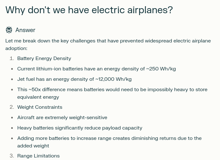 A conversation with Claude 3.5 Sonnet about electric airplanes.